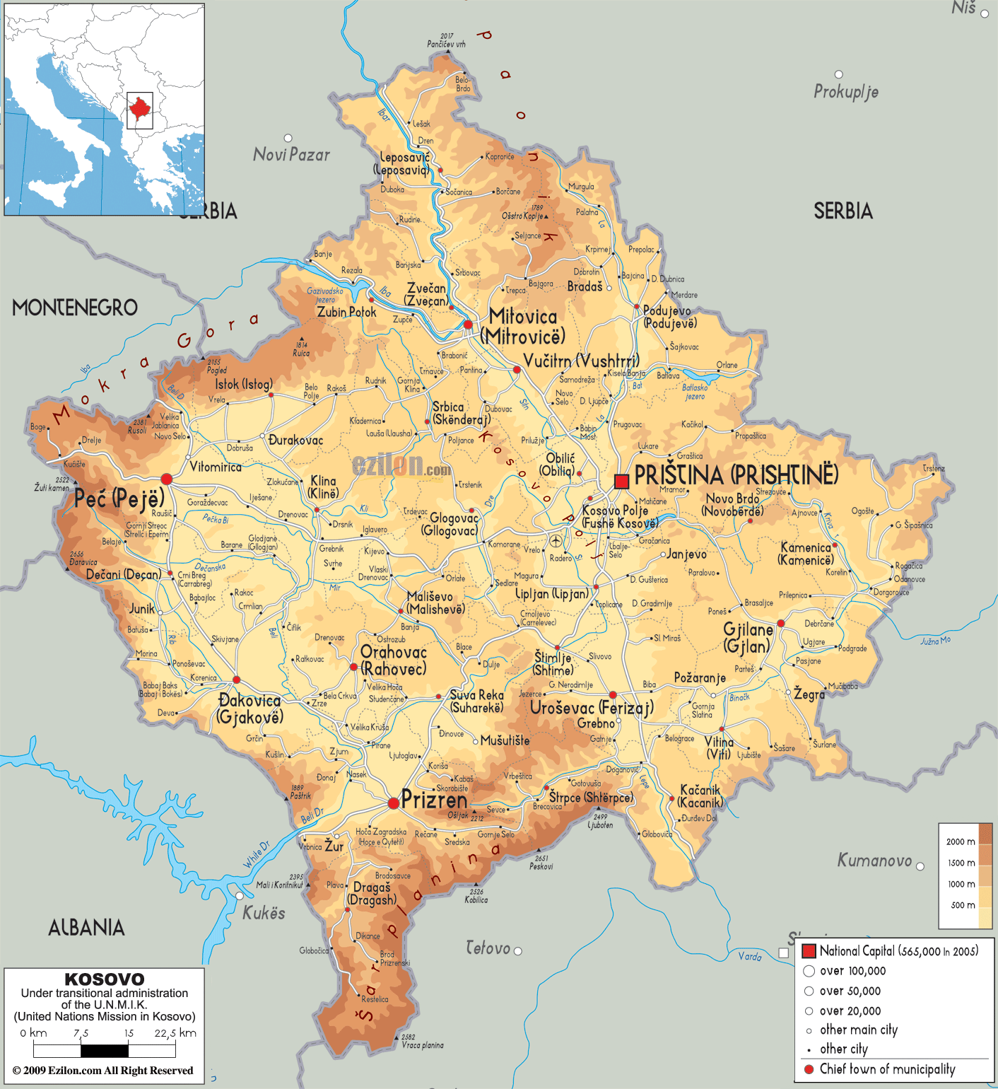 kosovo physikalisch karte